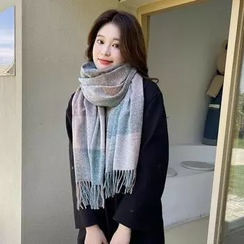 Женский шарф, длинная решетчатая шаль в клетку серый/хаки