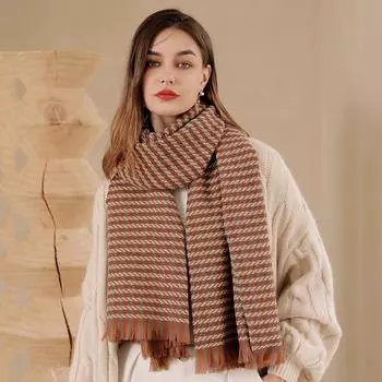 Женский шарф, длинная толстая теплая шаль в клетку хаки/оранжевый