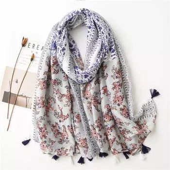 Женский шарф Four Seasons Fresh And Elegant Blue Floral Bamboo с кисточками из хлопка и конопли, солнцезащитная шаль, многофункциональный шарф двойного назначения, шелковый шарф 180*90