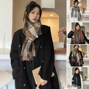 Женский шарф-одеяло с бахромой, осень-зима, классический клетчатый принт, длинный мягкий утолщенный теплый ветрозащитный шарф для девочек в холодную погоду, шаль, подарок на день рождения темно-синий