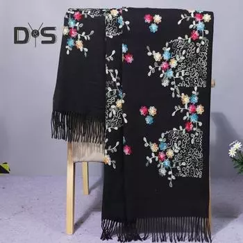 Женский шарф осень-зима вышитый цветочный узор длинный шарф ветрозащитный морозостойкий шарф для езды на велосипеде чёрный