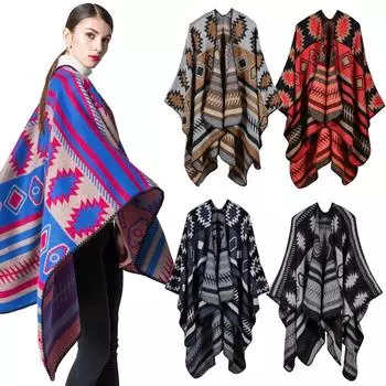 Женский шарф-пончо, кардиган, свитер, теплая накидка с геометрическим принтом, шаль, длинные шарфы, верхняя одежда из пашмины королевский синий