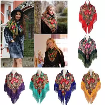 Женский шарф «Русская Бабушка» с шалью, большие шарфы в традиционном ретро-украинском стиле с принтом и кисточками One Size армия зеленый