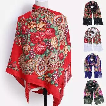 Женский шарф «Русская Бабушка», шаль, традиционный ретро-украинский стиль, длинные шарфы с принтом и кисточками One Size чёрный