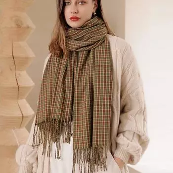 Женский шарф с цветными блоками, теплая толстая шаль в клетку тёмно-синий