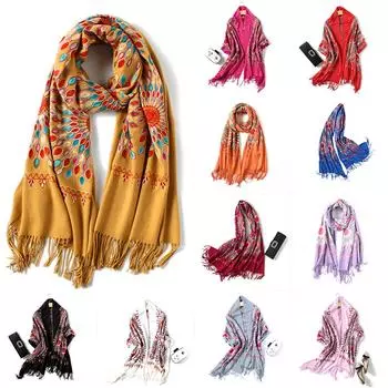 Женский шарф с цветочной вышивкой пашмины, хлопковые шали, цветочные банданы, шарфы синий