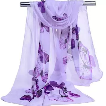 Женский шарф с цветочным принтом в виде бабочек – легкая шифоновая шаль для женщин, летняя накидка, воздушное прозрачное покрытие для головы фиолетовый