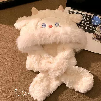 Женский шарф с капюшоном, удобный, утеплитель для шеи с изображением животных, шапка, праздничный подарок белый