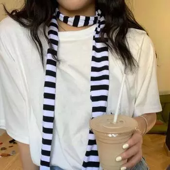 Женский шарф с полосатым принтом, тонкий длинный шарф в стиле Харадзюку, легкий дышащий хлопковый шарф, повязка на шею для девочек A