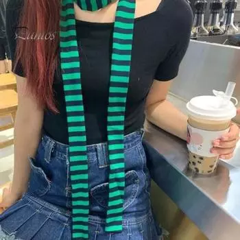 Женский шарф с полосатым принтом, тонкий длинный шарф в стиле Харадзюку, легкий дышащий хлопковый шарф, повязка на шею для девочек A