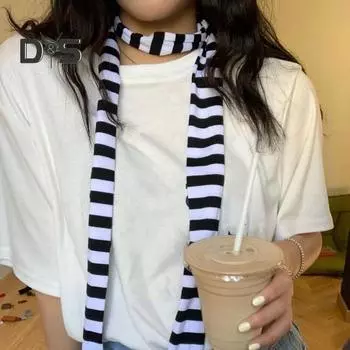 Женский шарф с полосатым принтом, тонкий длинный шарф в стиле Харадзюку, легкий дышащий хлопковый шарф, повязка на шею для девочек A