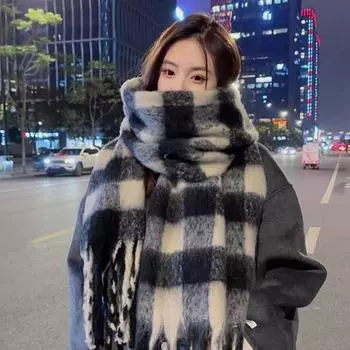 Женский шарф с принтом в клетку и кисточками, вязаный шарф с имитацией кашемира, теплая шаль, зимний аксессуар синий