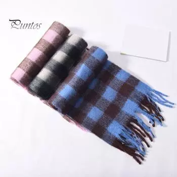 Женский шарф с принтом в клетку и кисточками, вязаный шарф с имитацией кашемира, теплая шаль, зимний аксессуар L чёрный