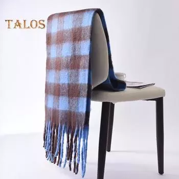 Женский шарф с принтом в клетку и кисточками, вязаный шарф с имитацией кашемира, теплая шаль, зимний аксессуар L розовый