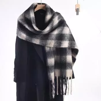 Женский шарф с принтом в клетку и кисточками, вязаный шарф с имитацией кашемира, теплая шаль, зимний аксессуар L синий