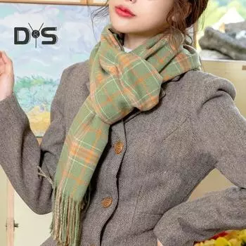 Женский шарф с узором в клетку, кисточкой, утолщенный шарф, длинный теплый плюшевый шарф для шеи, аксессуары для одежды зелёный