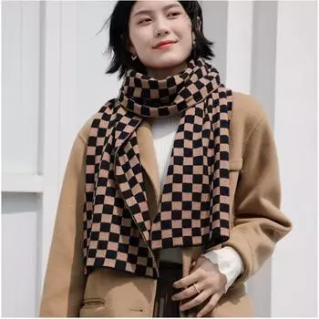 Женский шарф в клетку, теплый длинный клетчатый вязаный шарф чёрный/белый