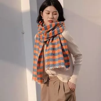 Женский шарф в шахматную клетку, длинный теплый шаль, осень-зима оранжевый/серый