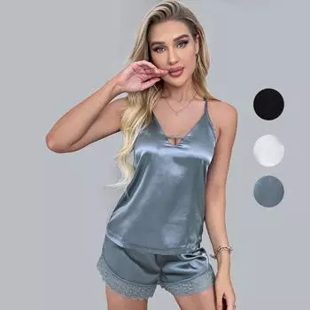 Женский шелковистый атласный топ на бретельках и шорты, пижамный комплект с кружевной отделкой, одежда для сна, домашняя одежда, комплект из 2 предметов, короткие пижамные комплекты S-XL