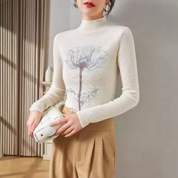 Женский шелково-шерстяной свитер: Вязаный свитер Rose Diamond, полувысокий воротник, осень/зима 2024 г. 115