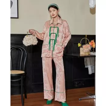 Женский шелковый атласный пижамный комплект, китайский жаккард, кисточки, пряжка, пижама для женщин, домашняя одежда, 2 шт., брюки с длинным рукавом, домашний костюм M розовый