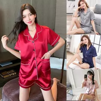 Женский шелковый атласный пижамный комплект, повседневная одежда для сна с короткими рукавами и пуговицами, топ, шорты, костюм для дома m чёрный