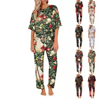 Женский шелковый атласный пижамный комплект с рождественским принтом, рубашка с коротким рукавом и длинные пижамные штаны, мягкая домашняя одежда M золотой