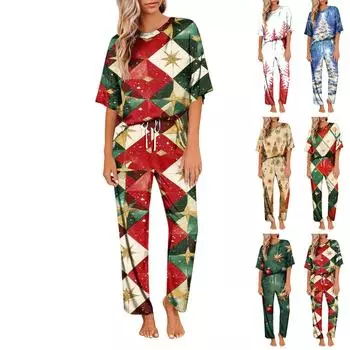 Женский шелковый атласный пижамный комплект с рождественским принтом, рубашка с коротким рукавом и длинные пижамные штаны, мягкая домашняя одежда S коричневый