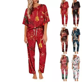 Женский шелковый атласный пижамный комплект с рождественским принтом, рубашка с коротким рукавом и длинные пижамные штаны, мягкая домашняя одежда L золотой