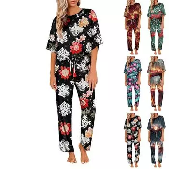 Женский шелковый атласный пижамный комплект с рождественским принтом, рубашка с коротким рукавом и длинные пижамные штаны, мягкая домашняя одежда S чёрный