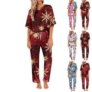 Женский шелковый атласный пижамный комплект с рождественским принтом, рубашка с коротким рукавом и длинные пижамные штаны, мягкая домашняя одежда S