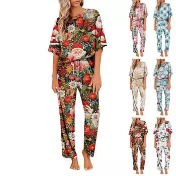 Женский шелковый атласный пижамный комплект с рождественским принтом, рубашка с коротким рукавом и длинные пижамные штаны, мягкая домашняя одежда XL