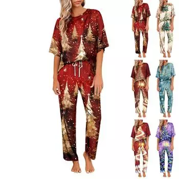 Женский шелковый атласный пижамный комплект с рождественским принтом, рубашка с коротким рукавом и длинные пижамные штаны, мягкая домашняя одежда XL белый