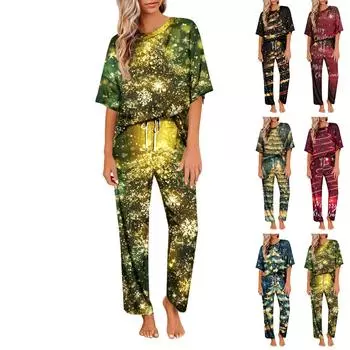 Женский шелковый атласный пижамный комплект с рождественским принтом, рубашка с коротким рукавом и длинные пижамные штаны, мягкая домашняя одежда S золотой