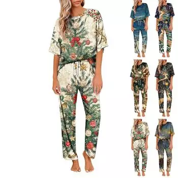 Женский шелковый атласный пижамный комплект с рождественским принтом, рубашка с коротким рукавом и длинные пижамные штаны, мягкая домашняя одежда XXL жёлтый