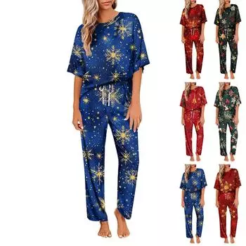 Женский шелковый атласный пижамный комплект с рождественским принтом, рубашка с коротким рукавом и длинные пижамные штаны, мягкая домашняя одежда M кофейный