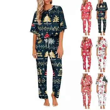 Женский шелковый атласный пижамный комплект с рождественским принтом, рубашка с коротким рукавом и длинные пижамные штаны, мягкая домашняя одежда L