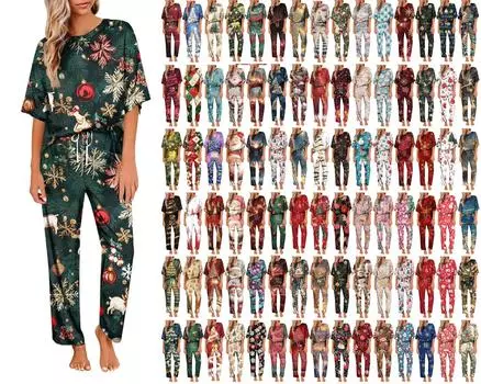 Женский шелковый атласный пижамный комплект с рождественским принтом, рубашка с коротким рукавом и длинные пижамные штаны, мягкая домашняя одежда L зелёный