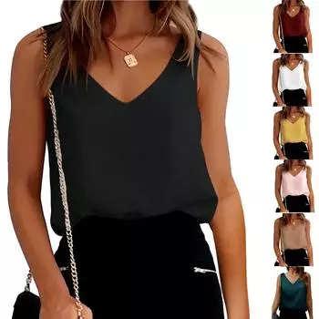 Женский шелковый атласный жилет, повседневный топ без рукавов с v-образным вырезом, летние базовые блузки с камзолом XL чёрный