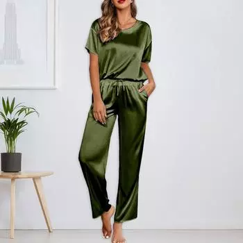 Женский шелковый однотонный пижамный комплект, рубашка с коротким рукавом и длинные пижамные штаны, мягкая пижама, домашняя одежда L