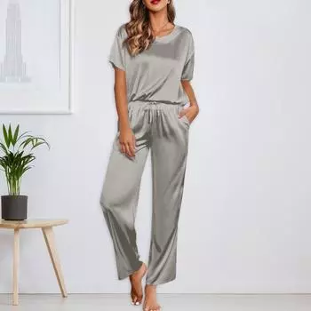Женский шелковый однотонный пижамный комплект, рубашка с коротким рукавом и длинные пижамные штаны, мягкая пижама, домашняя одежда L