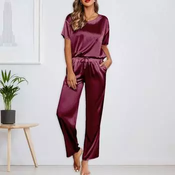 Женский шелковый однотонный пижамный комплект, рубашка с коротким рукавом и длинные пижамные штаны, мягкая пижама, домашняя одежда XXL винный