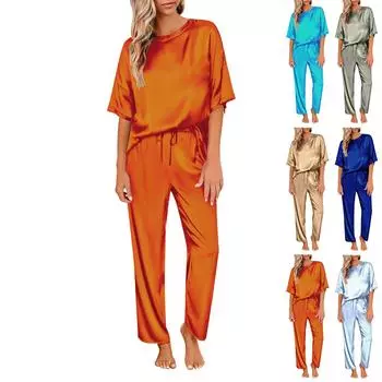 Женский шелковый однотонный пижамный комплект, рубашка с коротким рукавом и длинные пижамные штаны, мягкая пижама, домашняя одежда M