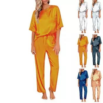 Женский шелковый однотонный пижамный комплект, рубашка с коротким рукавом и длинные пижамные штаны, мягкая пижама, домашняя одежда M