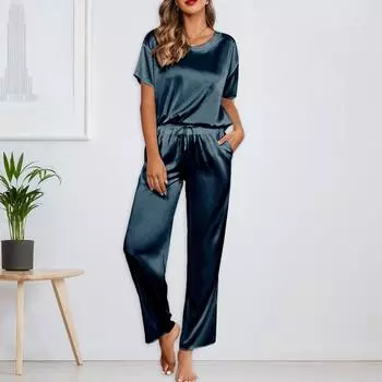 Женский шелковый однотонный пижамный комплект, рубашка с коротким рукавом и длинные пижамные штаны, мягкая пижама, домашняя одежда S