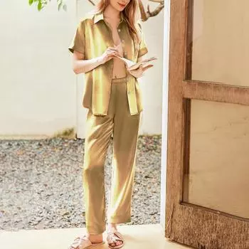 Женский шелковый однотонный пижамный комплект, женская пижама из двух частей с короткими рукавами и длинными брюками, пижама на пуговицах и домашняя одежда L