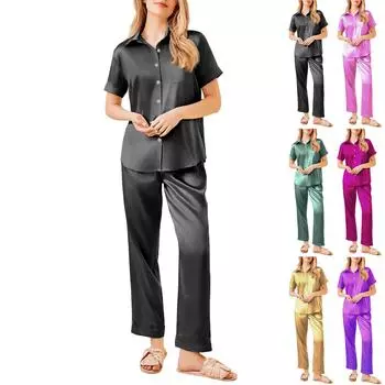 Женский шелковый однотонный пижамный комплект, женская пижама из двух частей с короткими рукавами и длинными брюками, пижама на пуговицах и домашняя одежда L