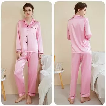 Женский шелковый пижамный комплект большого размера - С длинным рукавом и брюками для весны/лета XL (80-87.5kg)