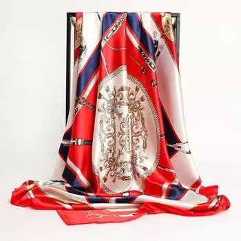 Женский шелковый шарф квадратная повязка на голову женский атласный хиджаб шаль платок цепочка принт One Size