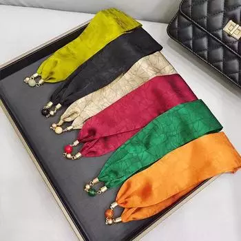 Женский шелковый шарф, ожерелье с магнитной пряжкой и стразами, небольшой шейный платок, цепочка на ключицы, головной убор, шарф с подвеской 5*55cm рубиново-красный